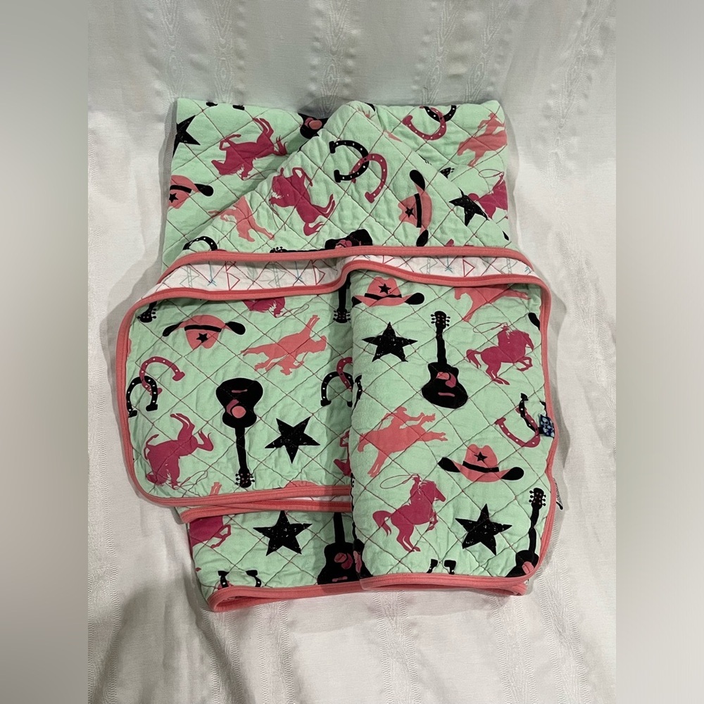 KICKEE PANTS Pink and Black Western Cowgirl Print Quilted BABY BLANKET, 52”x 32”